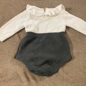 Two-Tone Knit Baby Romper in Cream and Charcoal
